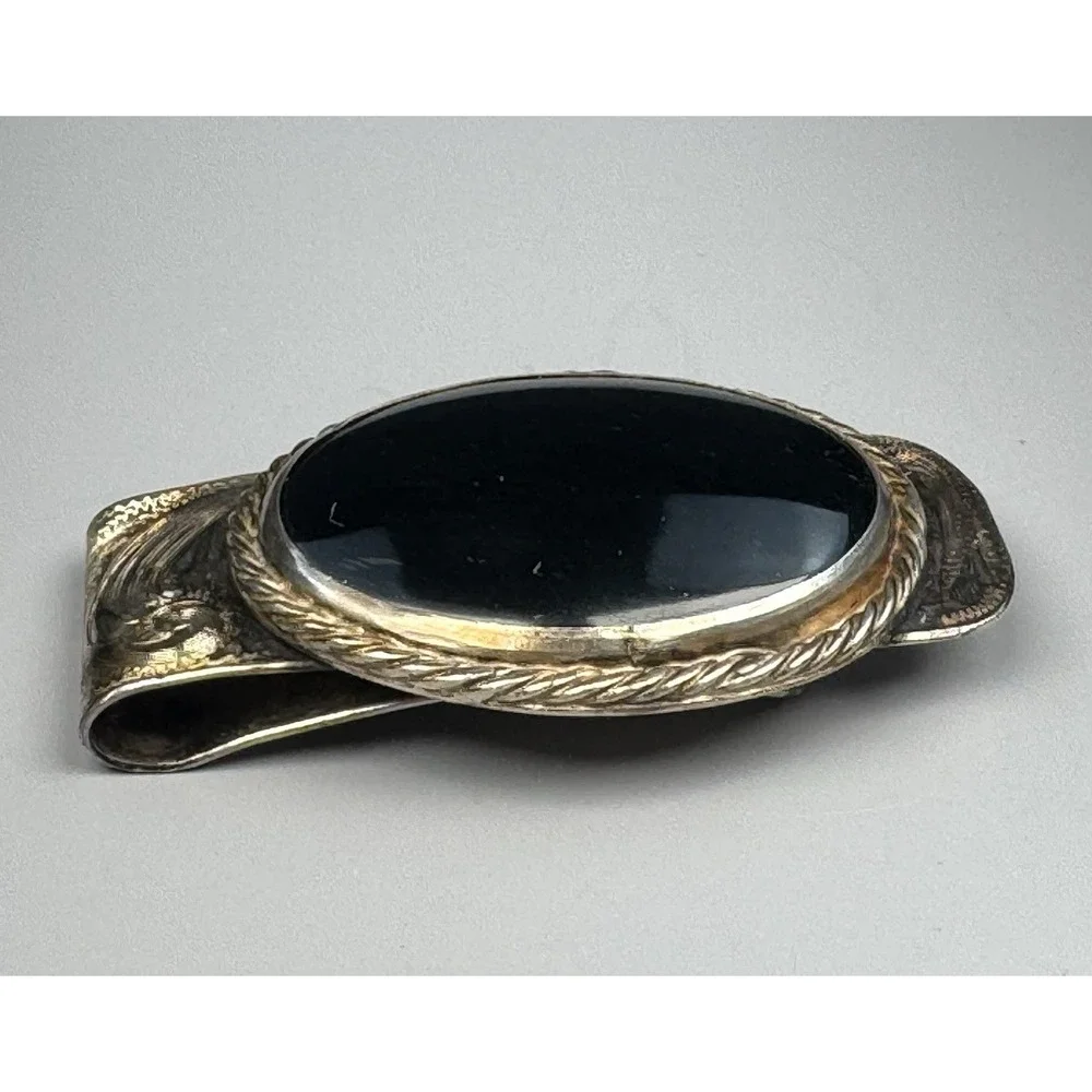 Sterling Silver Black Onyx Money Clip Vintage Hand Engraved Western 45.7g